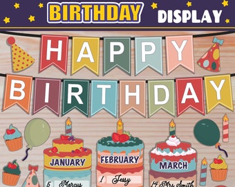 May include: A colourful birthday banner with the words "HAPPY BIRTHDAY" in white letters. Three layered cakes with candles and frosting are decorated with berries. Each cake has a month label: JANUARY, FEBRUARY, and MARCH. Each layer of the cakes has a number and a name, such as "5 Marcus", "1 Jessy", "14 Mrs Smith", "8 Maria", "16 Caitlyn", "20 Anna", and "19 Jeremy".