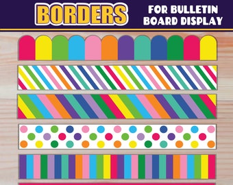 May include: A set of colorful digital borders for bulletin board displays. The borders include stripes, polka dots, and scalloped edges in various colors, including red, yellow, green, blue, purple, orange, and pink.
