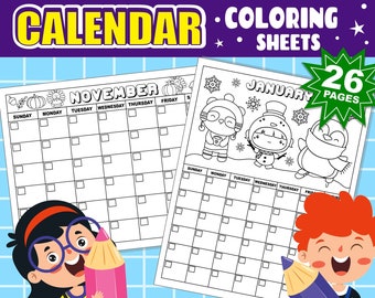 Printable Coloring Calendar for Kids | Digital Download | Undated Monthly Calendar for DIY Activities