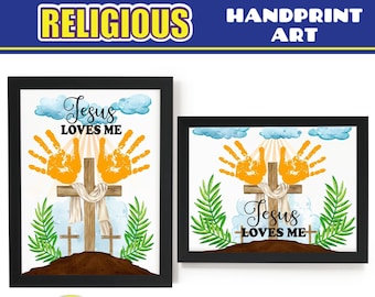 Religious Christian Handprint Art | Cross Jesus Loves Me Bible Handprint Crafts Activity Kids | PRINTABLE Keepsake Preschool Sunday School
