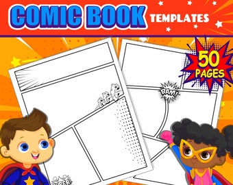 May include: Comic book templates with blank panels, featuring the text "COMIC BOOK TEMPLATES", "50 PAGES", and "GRADES 1-5". The image includes illustrations of cartoon superheroes and comic book sound effects like "BAM!" and "SUPER!" on an orange background.