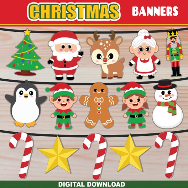 Christmas Printable Banner | Christmas Garland Pennant Banner Bunting | Xmas Decoration Santa Reindeer Elf Tree etc | Christmas Party Decor