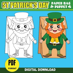 May include: Printable paper bag puppet craft of a leprechaun for St. Patrick's Day. The craft includes a color and black and white version of the puppet.
