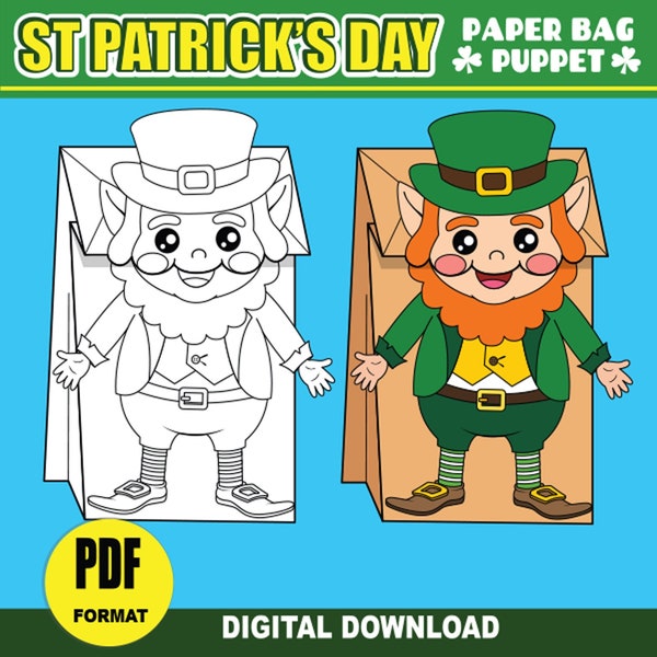 Leprechaun Paper Bag Puppet | St Patrick's Day Activity Craft for Kids | PRINTABLE DIY Puppet for Classroom Party or Puppet Show