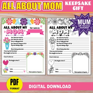 Alles über Mama DRUCKBARE Fragebögen | Fill In The Blank Karte zum Muttertag oder Mamas Geburtstag | +Mum UK Version | Geschenk von Sohn Tochter