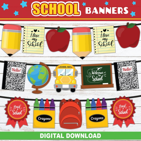 School Theme PRINTABLE Banner | Back to School Garland Pennant Banner Bunting | Classroom Decoration School Party | For Teachers & Students