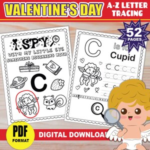 Día de San Valentín Veo Veo A-Z / IMPRIMIBLE / Rastreo de letras y colorear / Juegos de actividades de San Valentín / Hojas de trabajo de sonidos iniciales / Escritura a mano