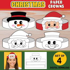 Christmas Paper Crowns for Kids | PRINTABLE Paper Hat Headbands | Craft Activity Party Favor| + Coloring Versions | Santa & Snowman Crowns