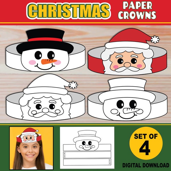 Christmas Paper Crowns for Kids | PRINTABLE Paper Hat Headbands | Craft Activity Party Favor| + Coloring Versions | Santa & Snowman Crowns