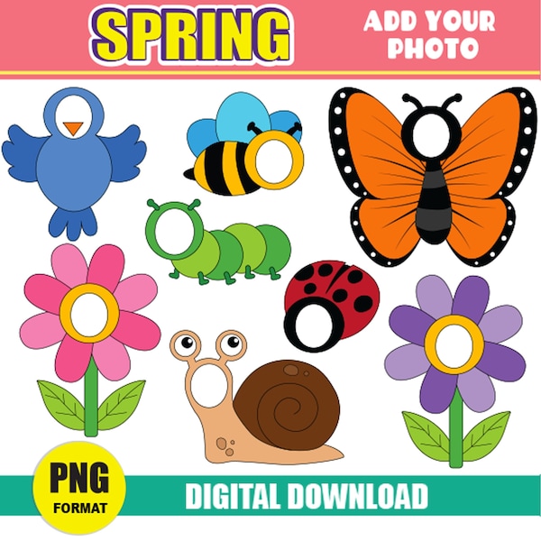 Spring Add your Own Photo Picture | PNG Bee Butterfly Ladybug Flower Bird Snail Worm Clipart |Class or Door Decor Bulletin Board Sublimation