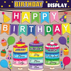 Birthday Display Classroom Decor | PRINTABLE | With Birthday Banner | Bulletin Board, Door Display | RAINBOW Bright Colors | Class Birthdays