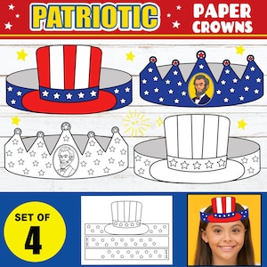 Corone di carta del 4 luglio / Fascia per cappello di carta dell'America Patriottica / Cappello di carta del Giorno dei Presidenti / Bomboniera per attività artigianali / Fai da te per bambini STAMPABILE