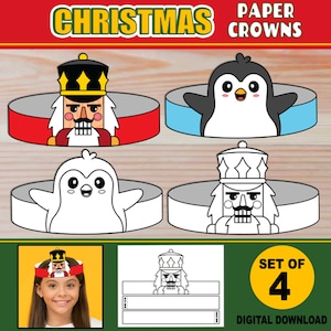Christmas Paper Crowns for Kids | PRINTABLE Paper Hat Headbands | Craft Activity | + Coloring Versions | Penguin & Nutcracker Paper crowns