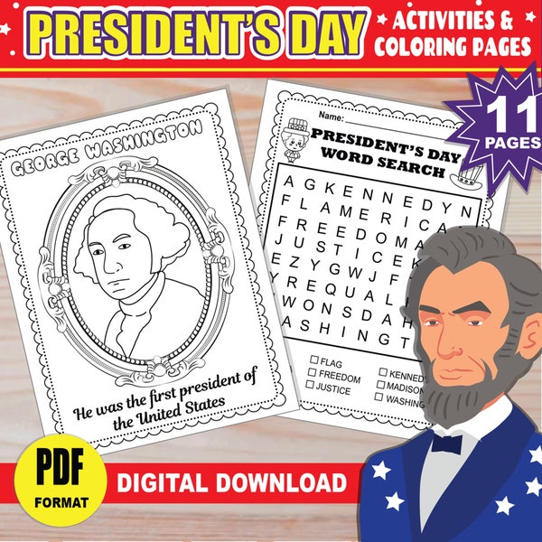 President's Day Activities for Kids  | PRINTABLE US President’s Coloring Pages Word Search, I Spy, Maze, & More | Presidents Day Packet