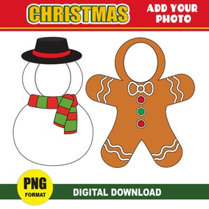 Peut inclure: Un accessoire photo imprimable de Noël avec un bonhomme en pain d'épices et un bonhomme de neige. Les deux personnages ont un espace pour ajouter un visage. Le texte "ADD YOUR PHOTO" est en haut de l'image.