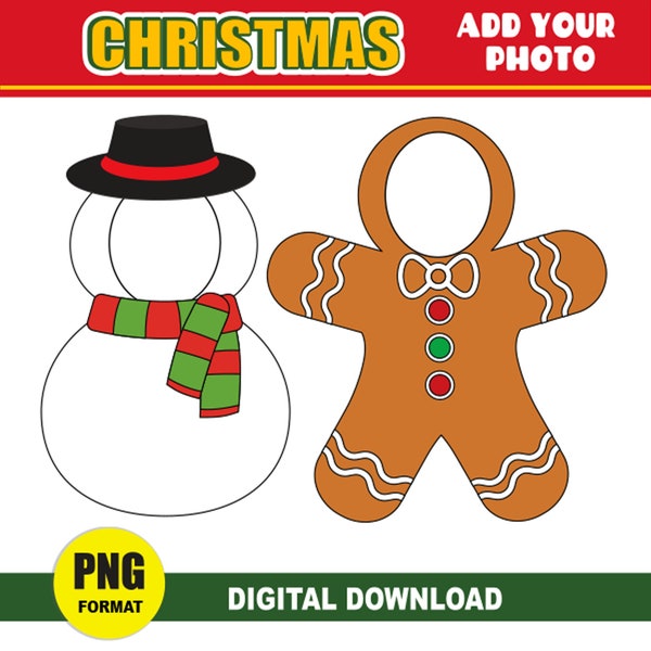 Christmas Add your Own Photo Picture | PNG Snowman & Gingerbread Man Add Photo Clipart | Class Decor Christmas Bulletin Board, Sublimation