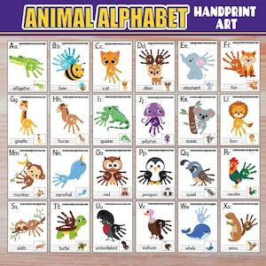 Artesanato de arte de impressão de mão de alfabeto animal | A-Z ABC alfabeto impressão de mão artesanato livro fônico bebê criança berçário pré-escolar | meu livro de alfabeto de impressão de mão