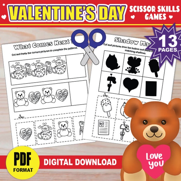 Valentine's Day Cut and Paste Worksheets | PRINTABLE Scissor Skills | Valentine's Day Cut & Glue Activities for Preschool Kindergarten