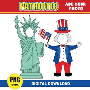 Lady Liberty & tio Sam adicionam sua própria foto | PNG feriado patriótico clipart | 4 de julho Dia da Memória | Quadro de avisos /Sublimação