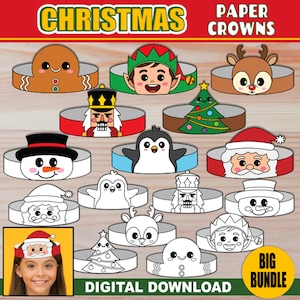 Christmas Paper Crowns for Kids | BUNDLE of 16 | PRINTABLE Christmas Hat Headbands | Craft Activity Party Favors |+ Coloring Versions