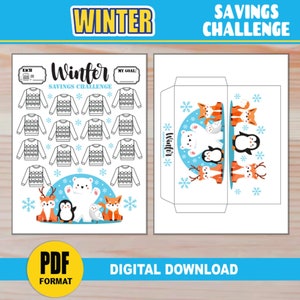 Winter Savings Challenge + Cash Envelope | Color In Winter Saving Challenge for all Budgets | Printable Winter Animals Savings Goal Tracker