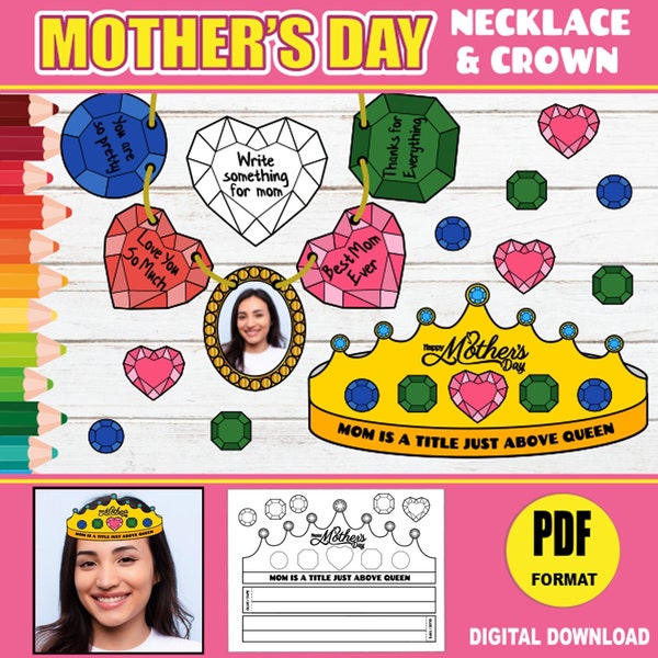 Mother's Day Crafts Activity | Queen Crown Paper Hat Headband & Paper Jewel Necklace Add a Photo Picture Crafts | Coloring PRINTABLE for Mom