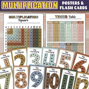 Multiplication Chart + Times Table Posters + Skip Counting Flash Cards | Multiplication Facts | Numbers and Multiples | EARTHY BOHO COLORS