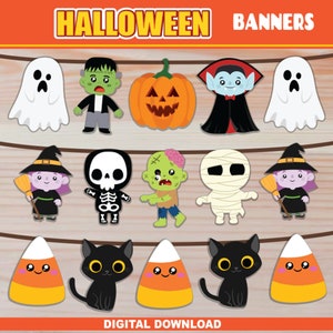 Halloween Printable Banner | Halloween Garland Pennant Banner Bunting | Halloween Decoration Cute Monsters & Pumpkin | Halloween Party Decor