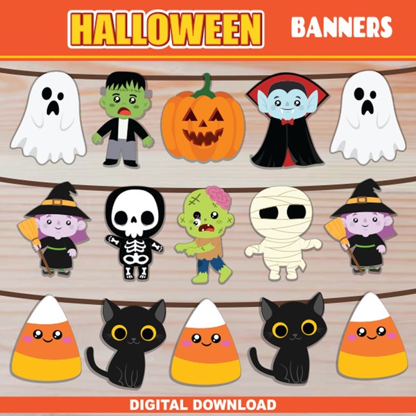 Halloween Printable Banner | Halloween Garland Pennant Banner Bunting | Halloween Decoration Cute Monsters & Pumpkin | Halloween Party Decor