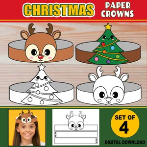 Weihnachten Papierkronen für Kinder | DRUCKBARE Papier Hut Stirnbänder | Bastelaktivität Mitbringsel | + Ausmalversionen | Rentier & Baumkronen