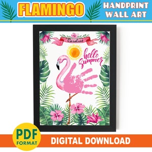 Arte de huellas de manos de flamencos / Manualidades de verano / Regalo de recuerdo de huellas de manos IMPRIMIBLE / Tropical imprimible para niños, bebés y niños pequeños / Hola verano