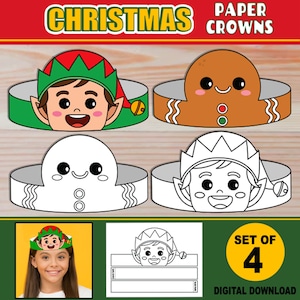 Christmas Paper Crowns for Kids | PRINTABLE Paper Hat Headbands | Craft Activity Party Favor| + Coloring Versions | Elf & Gingerbread Man