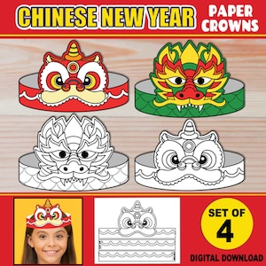 Corone di carta per Capodanno cinese per bambini / Fasce per cappelli di carta STAMPABILI / Attività artigianale Capodanno lunare / + Versioni da colorare / Drago e Leone