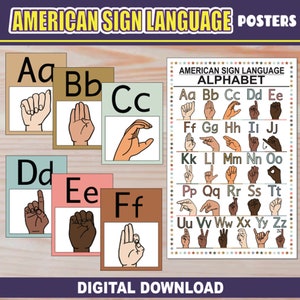 Alfabeto ASL Pôsteres | Exibição de linguagem de sinais americana | IMPRIMÍVEL | Decoração de sala de aula | Cartazes educativos para crianças | Cores TERRAS