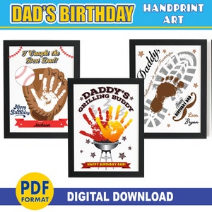 Dad's Birthday Handabdruck | BÜNDEL Baseball, Grill, Footsteps | Alles Gute zum Geburtstag Geschenk von Sohn / Tochter | DRUCKBARE Bday Karte | Andenken