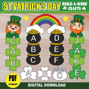 May include: A printable St. Patrick's Day craft activity for children. The image shows a build-a-word activity with the words CAR, JADE, and CAB. The letters are on shamrock shapes and pots of gold. The words are spelled out in a vertical column.