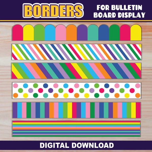 Borders for Bulletin Board | PRINTABLE | Classroom Decor | 6 Designs in 2 Sizes | Stripes, Polka Dots, Scalloped | RAINBOW Bright Colors