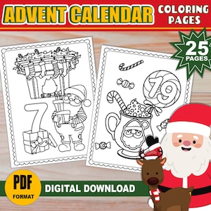 Calendrier de l'Avent à colorier pour les enfants | Coloriages de vacances de Noël | Calendrier de l'Avent du compte à rebours de Noël IMPRIMABLE | Activité de Noël