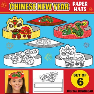 Corone di carta per Capodanno cinese per bambini / Fasce per cappelli di carta per Capodanno lunare STAMPABILI / Attività artigianali Bomboniere / + Versioni da colorare
