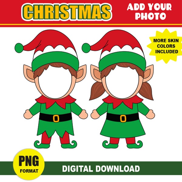 Navidad Agregue su propia imagen fotográfica / PNG Elfos Niño y niña Agregar foto prediseñada / Decoración de clase Tablón de anuncios de Navidad, Elfo de sublimación