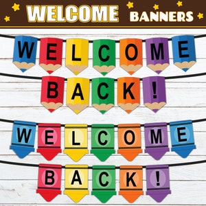 AFDRUKBARE kleurpotloden & potloden Welkom banner l Terug naar school Garland teken voor bulletin board, klas decor, wand decor of deur display