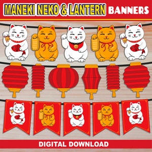 STAMPABILE Maneki Neko Striscione gatto fortunato / Lanterne cinesi + Gagliardetto ghirlanda di gatti che invitano / Per bacheca Decorazione aula Stamina