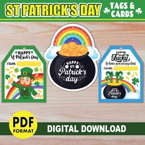 Etiquetas e cartões para presente do Dia de São Patrício IMPRIMÍVEIS | Potenciômetro de Tag do St Patricks do Leprechaun & do Cartão Comemorativo | Cartão de titular de tratamento de classe escolar