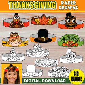 Thanksgiving papieren kronen voor kinderen | Grote BUNDEL van 12 | AFDRUKBARE hoed hoofdbanden | Ambachtelijke activiteit Feestartikelen en decoratie | + Kleurversies