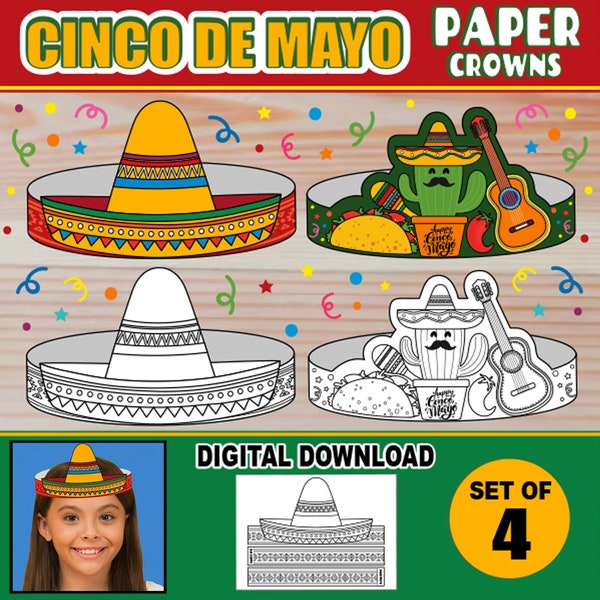 Cinco de Mayo papieren kronen voor kinderen | Fiesta papieren hoed hoofdbanden | Ambachtelijke activiteit feestartikelen | Met kleurversies | Sombrero + Cactus