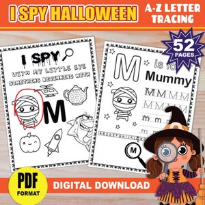 Halloween j'espionne de A à Z | IMPRIMABLE | Traçage et coloriage de lettres | Jeux d'activités d'Halloween | Feuilles de travail sur la littératie des sons de départ | Écriture