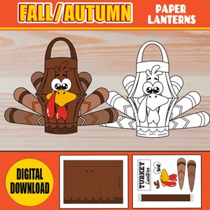 Turkey Paper Lantern Crafts | Fall Autumn Crafts PRINTABLE Activity for Kids | DIY Thanksgiving Paper Lantern Template - Turkey Crafts