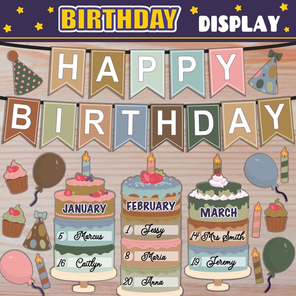 Birthday Display Classroom Decor | PRINTABLE | With Birthday Banner | Bulletin Board, Door Display | EARTHY Colors | Class Birthdays