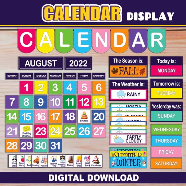 Classroom Calendar Display and Weather Set | PRINTABLE Calendar | Wall & Bulletin Board Calendar | Class Decor | RAINBOW Bright Colors