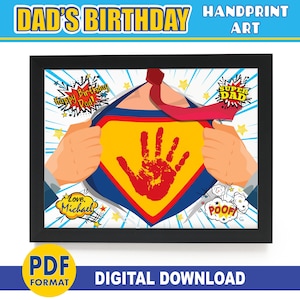 Arte da impressão da mão do aniversário do pai | Super Pai | Presente de feliz aniversário de filho/filha | Papai do cartão de Bday IMPRIMÍVEL | Artesanato para lembranças de bebês